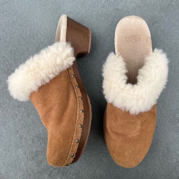 Ugg Kalie Suede Shearling Clogs Y2K Style Chestnut Brown Shoes Big Kid’s size 4 - Picture 1 of 13